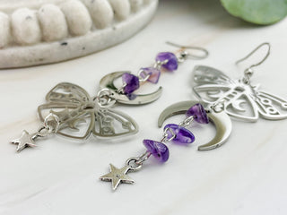 Amethyst Earrings - Butterfly Moth Boho Jewelry - Asymmetrical Moon Phase Celestial Mystical - Affirmation Jewelry