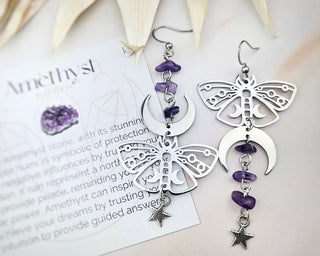 Amethyst Earrings - Butterfly Moth Boho Jewelry - Asymmetrical Moon Phase Celestial Mystical - Affirmation Jewelry