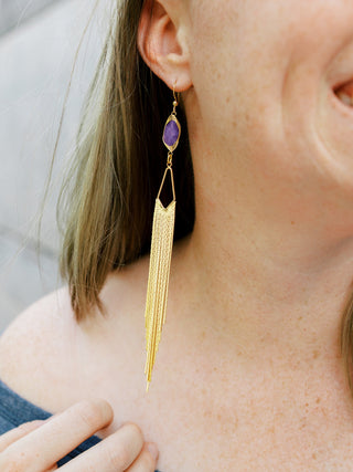 Long Amethyst Fringe Earrings - Gemstone 18K Gold Tassel Earrings - Gold Chandelier Earrings - Affirmation Jewelry