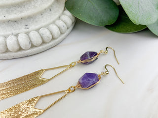 Long Amethyst Fringe Earrings - Gemstone 18K Gold Tassel Earrings - Gold Chandelier Earrings - Affirmation Jewelry
