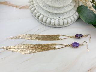 Long Amethyst Fringe Earrings - Gemstone 18K Gold Tassel Earrings - Gold Chandelier Earrings - Affirmation Jewelry