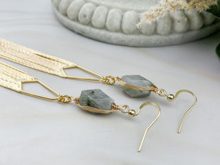 Labradorite Tassel Earrings: Gold Fringe Chandelier Earrings