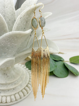 Labradorite Tassel Earrings: Gold Fringe Chandelier Earrings