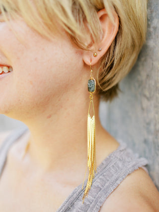 Labradorite Tassel Earrings: Gold Fringe Chandelier Earrings