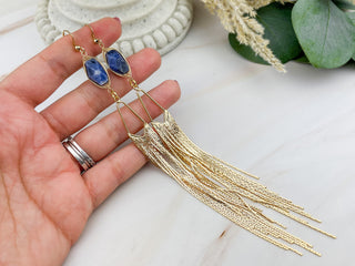 Sodalite Tassel Earrings - Gold Chandelier Earrings - Gemstone Affirmation Jewelry - Mindfulness Gift