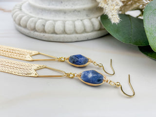 Sodalite Tassel Earrings - Gold Chandelier Earrings - Gemstone Affirmation Jewelry - Mindfulness Gift