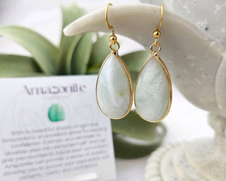 Amazonite Earrings - Natural Gemstone Jewelry - Positive Affirmation Card Included - Tear Drop Stone Crystal Gift