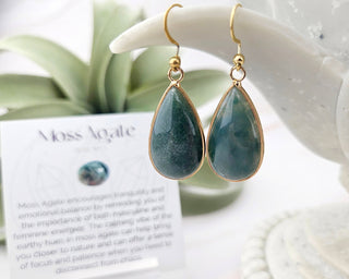 Moss Agate Tear Drop Earrings - Natural Gemstone Earrings - Meaningful Affirmation Jewelry