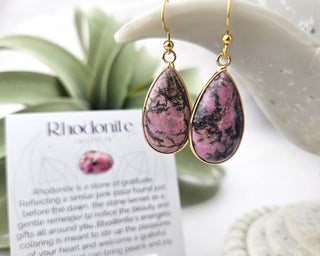 Gratitude Affirmation Jewelry with Natural Rhodonite Tear Drop Gemstone Earrings