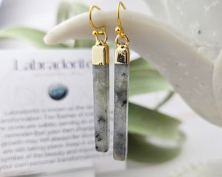Labradorite Bar Earrings: Gold Stainless Steel, Transformation Crystal