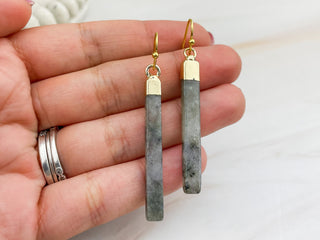 Labradorite Bar Earrings: Gold Stainless Steel, Transformation Crystal