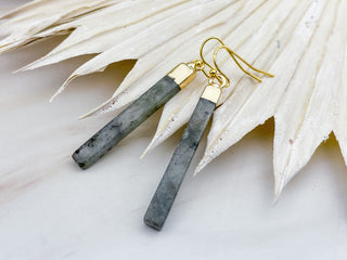 Labradorite Bar Earrings: Gold Stainless Steel, Transformation Crystal