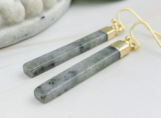 Labradorite Bar Earrings: Gold Stainless Steel, Transformation Crystal