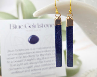 Blue Goldstone Bar Earrings: Gold Stainless Steel, Geometric Dangles