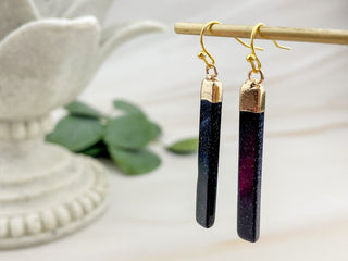 Blue Goldstone Bar Earrings: Gold Stainless Steel, Geometric Dangles