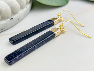 Blue Goldstone Bar Earrings: Gold Stainless Steel, Geometric Dangles