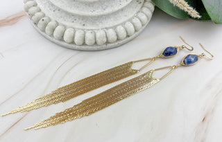 Sodalite Tassel Earrings - Gold Chandelier Earrings - Gemstone Affirmation Jewelry - Mindfulness Gift