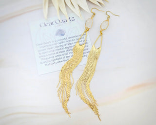 Gold Wedding Tassel Earrings - Bridal Earrings - Clear Crystal Quartz Earrings