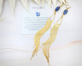 Sodalite Tassel Earrings - Gold Chandelier Earrings - Gemstone Affirmation Jewelry - Mindfulness Gift