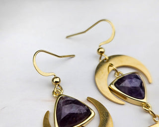 Asymmetrical Amethyst Earrings: Gold Crescent Moon Tassel Earrings