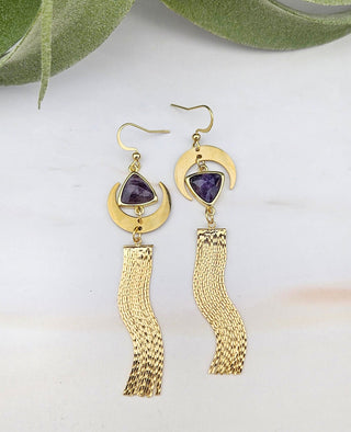 Asymmetrical Amethyst Earrings: Gold Crescent Moon Tassel Earrings