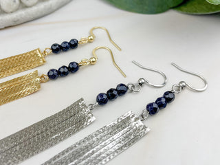 Blue Goldstone Tassel Earrings: Gemstone Duster Chain - Stainless Steel