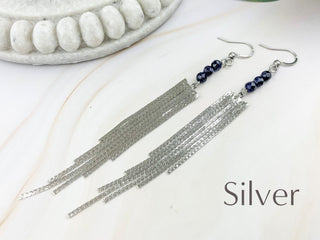 Blue Goldstone Tassel Earrings: Gemstone Duster Chain - Stainless Steel