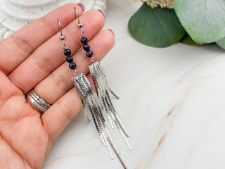 Blue Goldstone Tassel Earrings: Gemstone Duster Chain - Stainless Steel