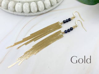 Blue Goldstone Tassel Earrings: Gemstone Duster Chain - Stainless Steel
