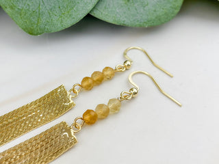 Elegant Citrine Gemstone Tassel Earrings with Affirmation Card - Mindfulness Gift in Silver or Gold