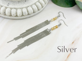 Elegant Citrine Gemstone Tassel Earrings with Affirmation Card - Mindfulness Gift in Silver or Gold