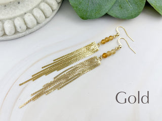 Elegant Citrine Gemstone Tassel Earrings with Affirmation Card - Mindfulness Gift in Silver or Gold