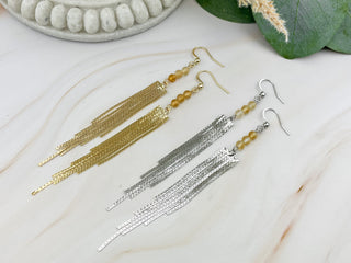 Elegant Citrine Gemstone Tassel Earrings with Affirmation Card - Mindfulness Gift in Silver or Gold