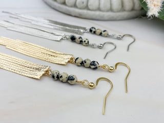 Dalmatian Jasper Fringe Earrings: Gold or Silver, Stainless Steel
