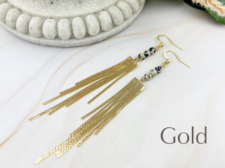 Dalmatian Jasper Fringe Earrings: Gold or Silver, Stainless Steel