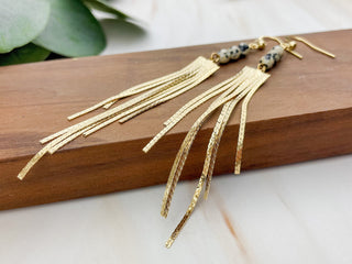 Dalmatian Jasper Fringe Earrings: Gold or Silver, Stainless Steel