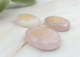 Rose Quartz Worry Stone: Gold Moon Engraved Palm Stone