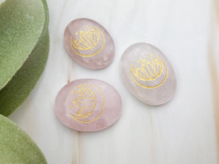Rose Quartz Worry Stone: Gold Moon Engraved Palm Stone