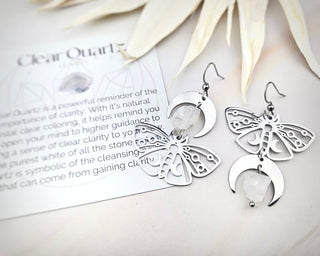 Silver Luna Moth Earrings - Asymmetrical Earrings - Clear Quartz Crystal Moon Phase Earrings