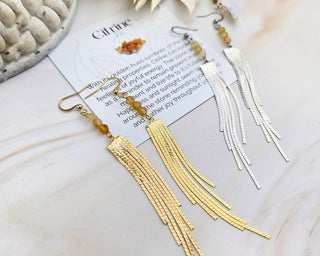 Elegant Citrine Gemstone Tassel Earrings with Affirmation Card - Mindfulness Gift in Silver or Gold