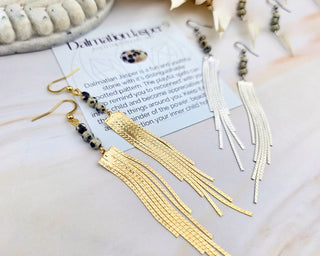Dalmatian Jasper Fringe Earrings: Gold or Silver, Stainless Steel