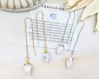 Moonstone Arrowhead Threader Earrings: Silver or Gold Affirmation Jewelry