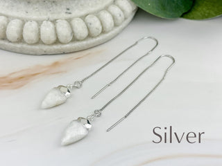 Moonstone Arrowhead Threader Earrings: Silver or Gold Affirmation Jewelry
