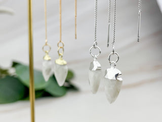 Moonstone Arrowhead Threader Earrings: Silver or Gold Affirmation Jewelry