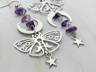 Amethyst Earrings - Butterfly Moth Boho Jewelry - Asymmetrical Moon Phase Celestial Mystical - Affirmation Jewelry