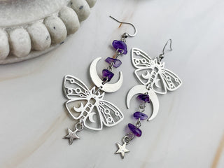 Amethyst Earrings - Butterfly Moth Boho Jewelry - Asymmetrical Moon Phase Celestial Mystical - Affirmation Jewelry