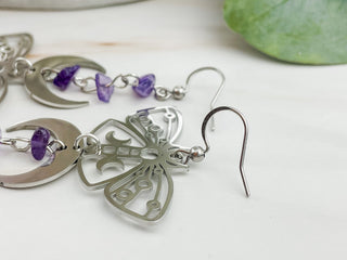 Amethyst Earrings - Butterfly Moth Boho Jewelry - Asymmetrical Moon Phase Celestial Mystical - Affirmation Jewelry