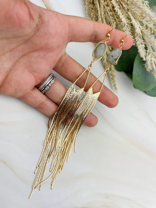 Labradorite Tassel Earrings: Gold Fringe Chandelier Earrings