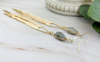Labradorite Tassel Earrings: Gold Fringe Chandelier Earrings