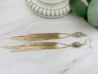 Labradorite Tassel Earrings: Gold Fringe Chandelier Earrings